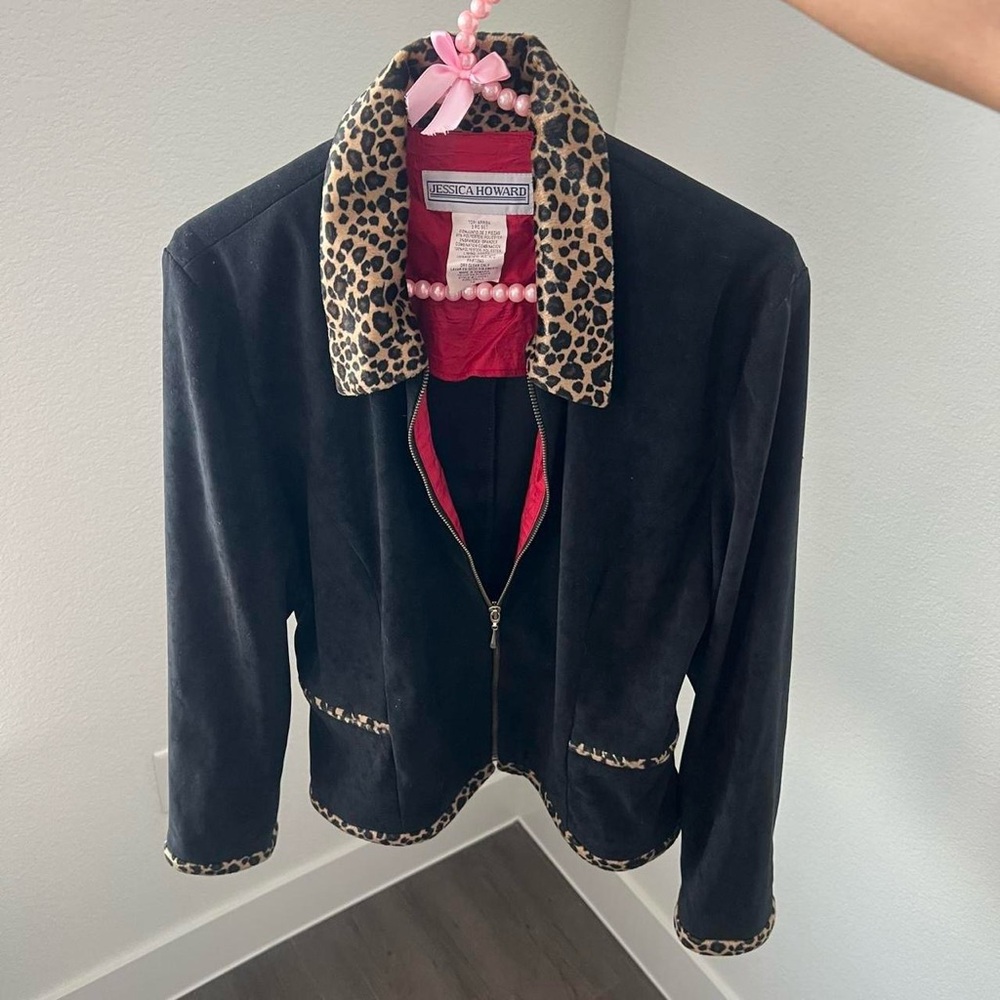 vintage leopard print faux fur suede zip up blazer